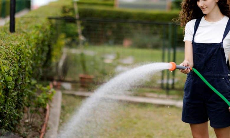 Jeune femme arrosant des plantes