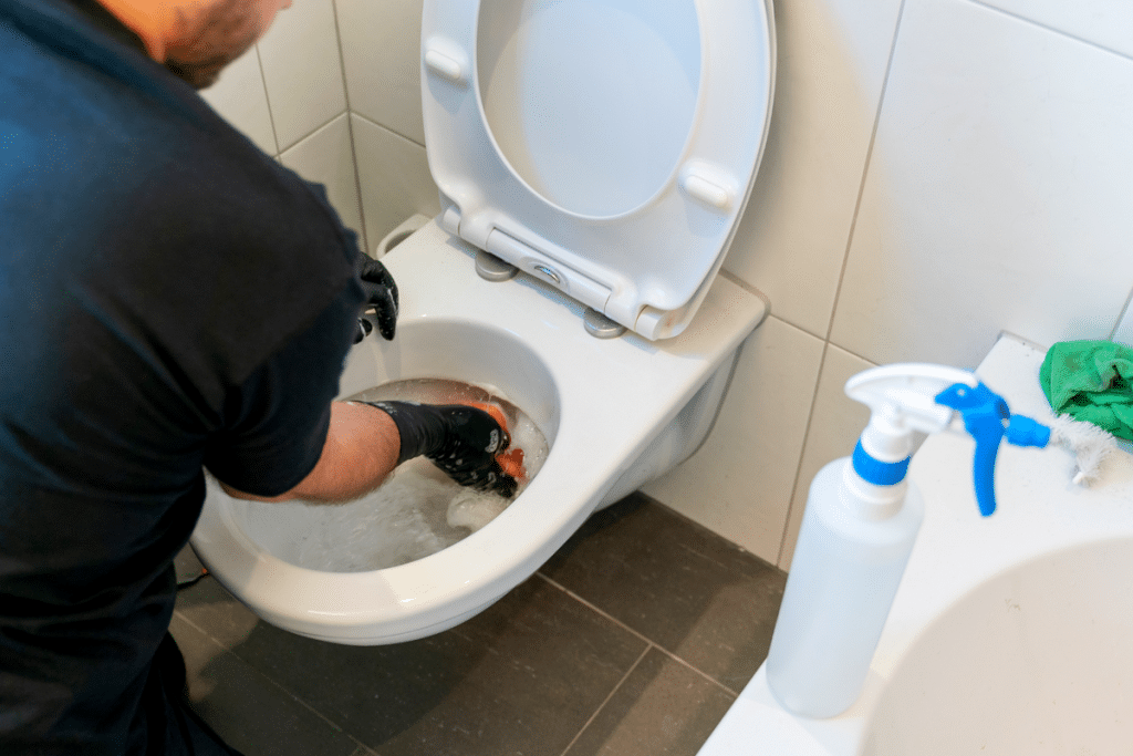 Homme nettoyant la cuvette de toilette