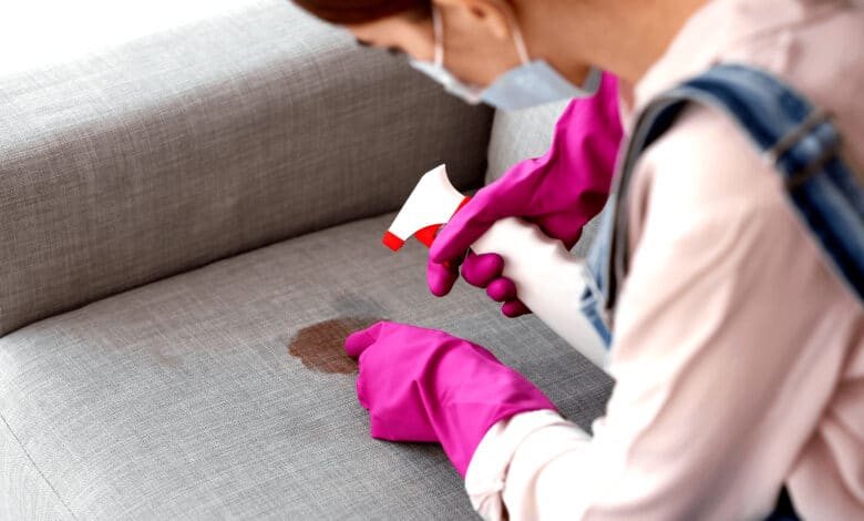 Une femme qui nettoie une trace de chocolat sur un canapé