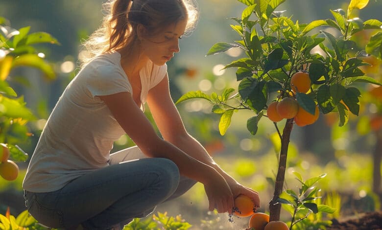 Une femme qui met de la cendre sur un arbre frutier