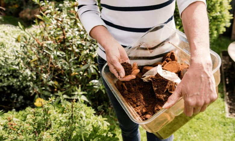 Une femme qui met du marc de café dans son jardin