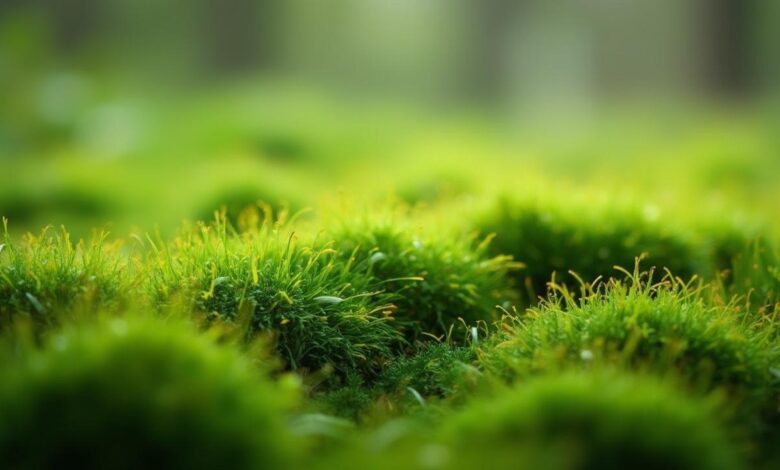 Gros plan sur un tapis de mousse vert luxuriant et texturé
