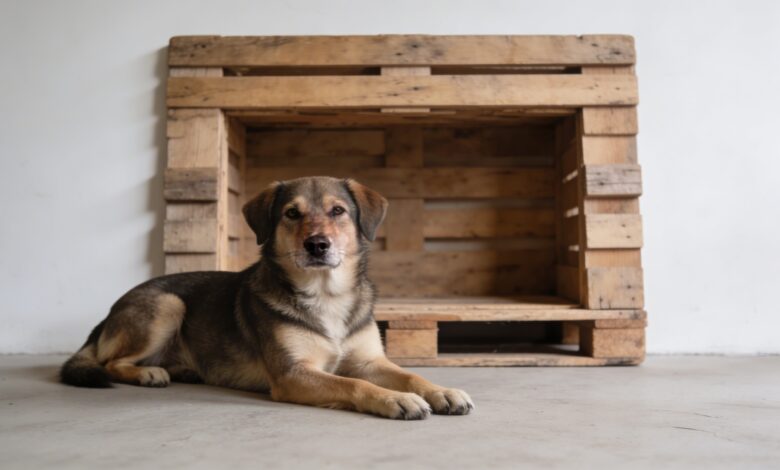 Chien couché devant niche en palettes bois
