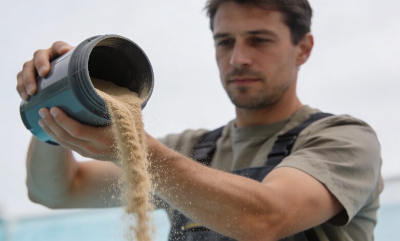 Homme vidant vieux sable de filtre piscine