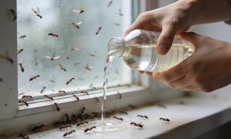 Mains versant vinaigre blanc pres dune fenetre envahie de fourmis volantes