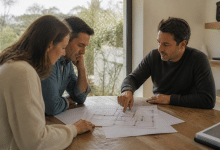 Architecte montrant plans agrandissement maison sur table