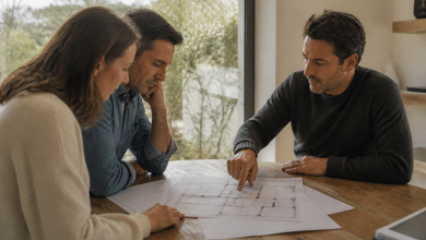 Architecte montrant plans agrandissement maison sur table
