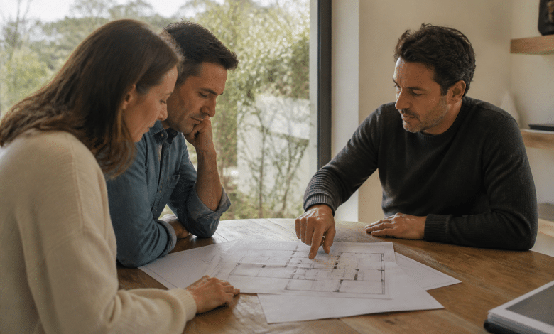 Architecte montrant plans agrandissement maison sur table