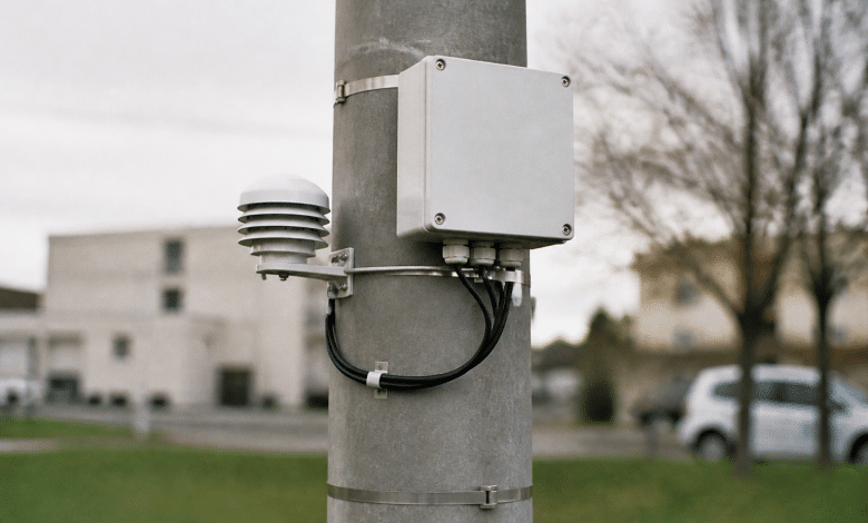 Boitier blanc avec capteurs installes sur un poteau