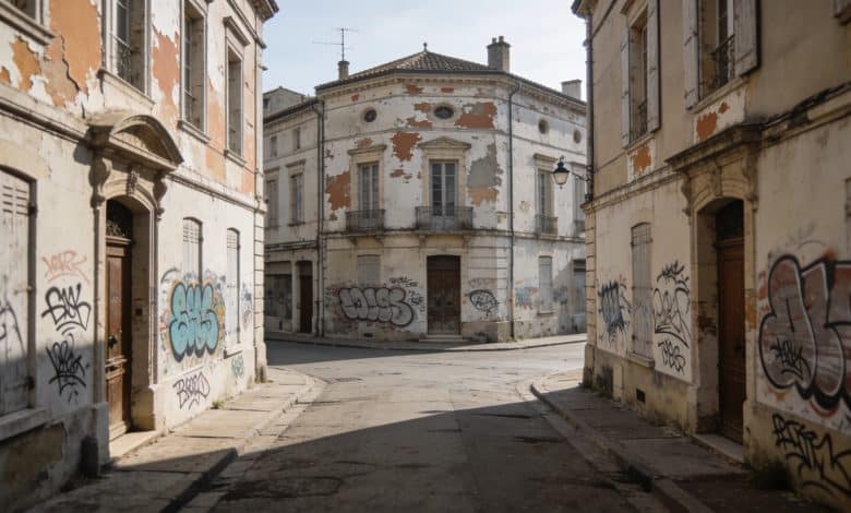 Rues desertes de Castres avec facades degradees et graffitis.