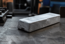 Lingot metallique gris brillant refroidissant sur etabli industriel