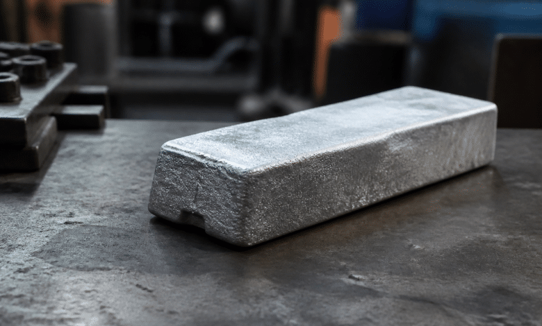 Lingot metallique gris brillant refroidissant sur etabli industriel