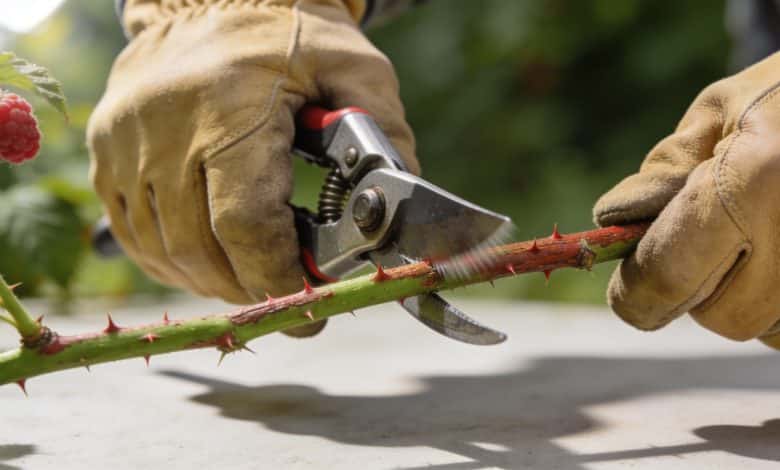 Mains gantees coupant branches de framboisier avec secateur
