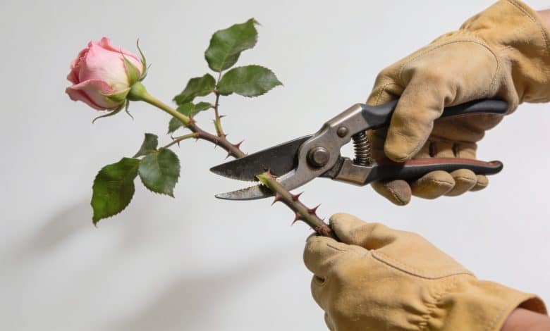 Mains gantees coupant branches roses avec secateurs