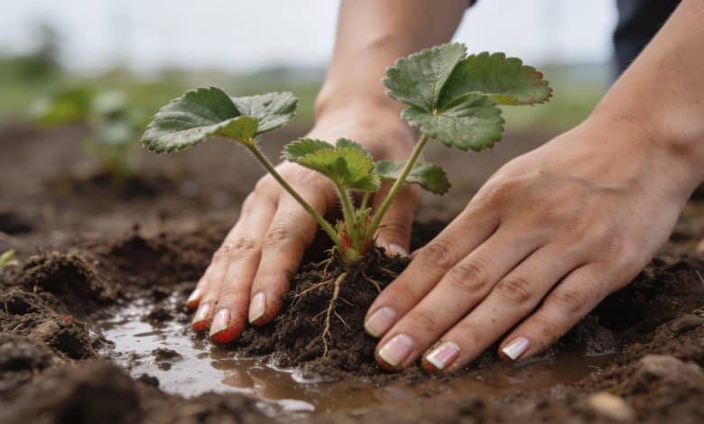 Mains plantant des fraisiers dans terre humide