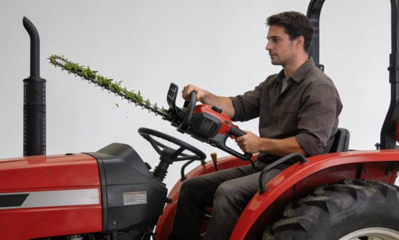 Operateur assis sur tracteur rouge maniant taille-haie allongee