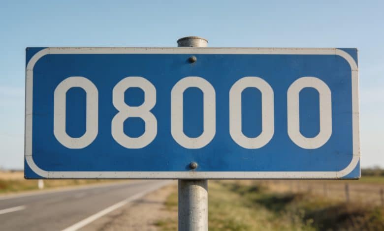 Panneau routier bleu affichant le code postal 08000