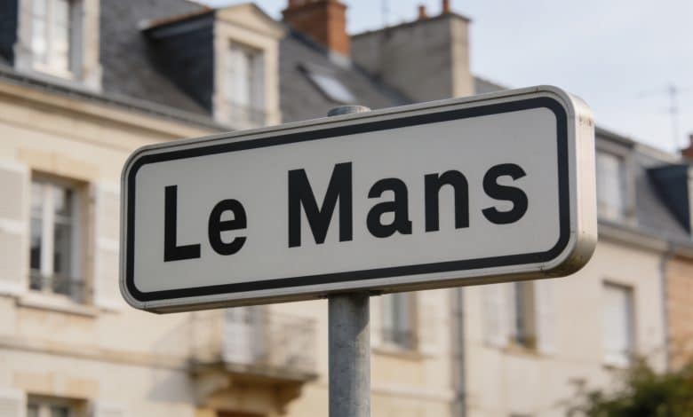 Panneau routier affichant Le Mans avec immeubles residentiels arriere-plan.