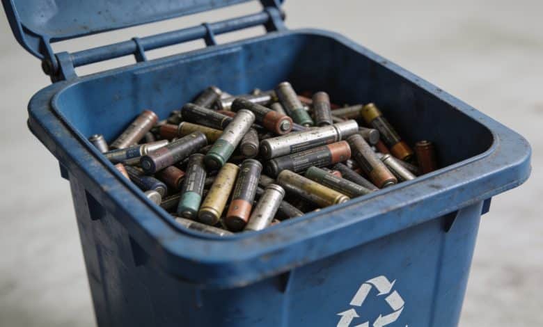 Piles usagees triees dans bac de collecte bleu