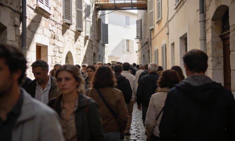 Population urbaine dense dans les rues etroites d'Antibes.