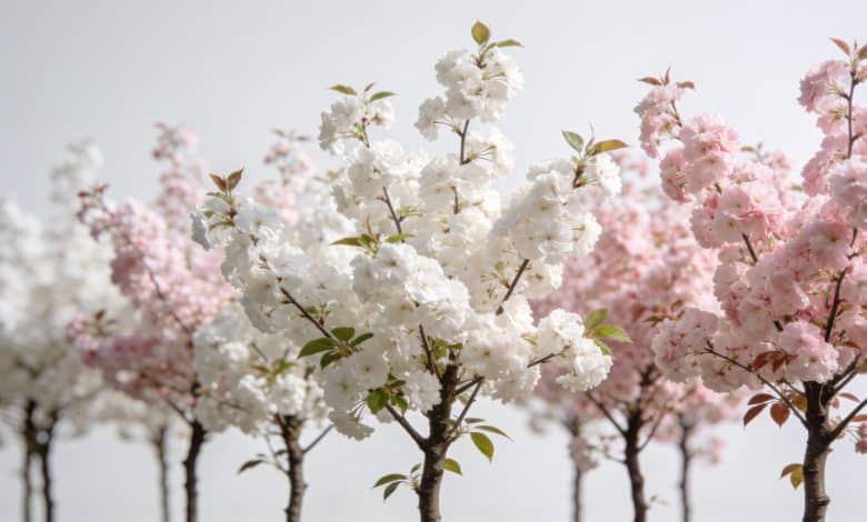Rangees de petits arbres aux fleurs blanches et roses