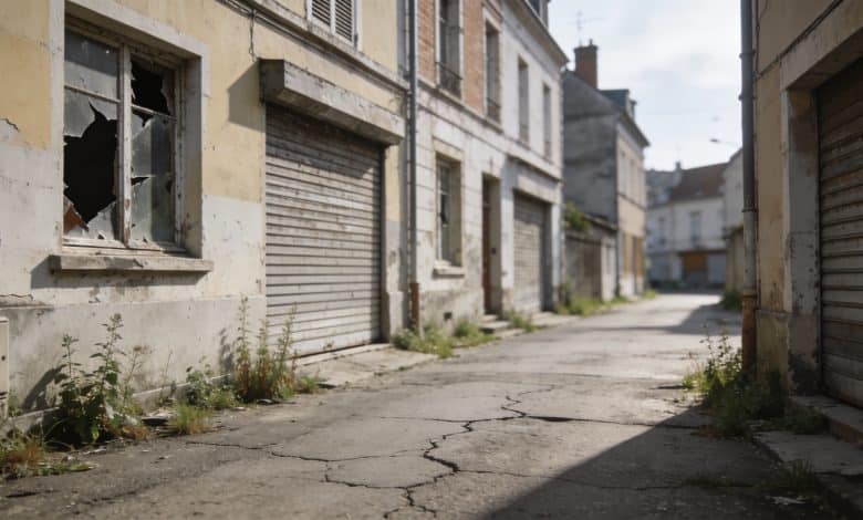 Rue déserte d'Épinal avec bâtiments abandonnés fermés