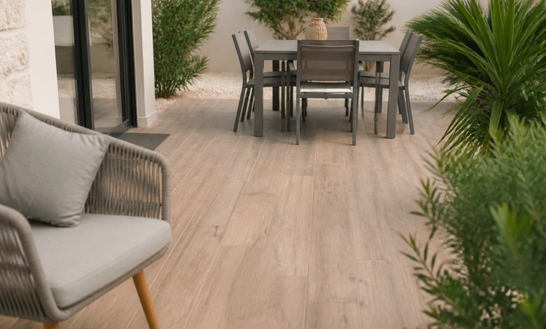 Terrasse extérieure avec dalles imitant le bois naturel.