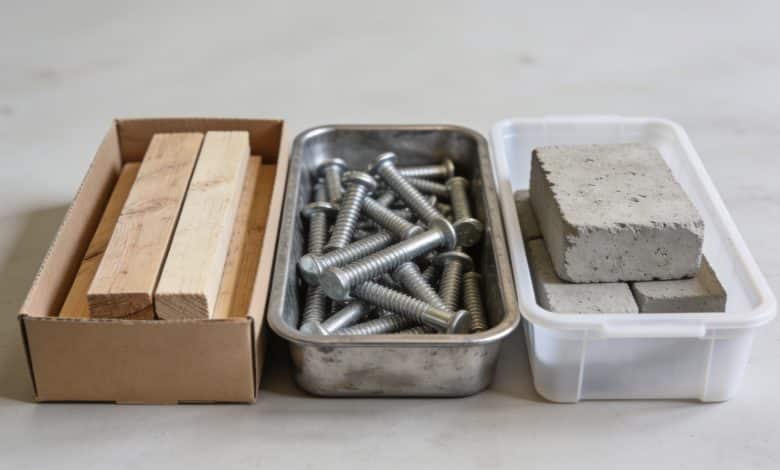 Trois ingredients de construction alignes dans des recipients separes