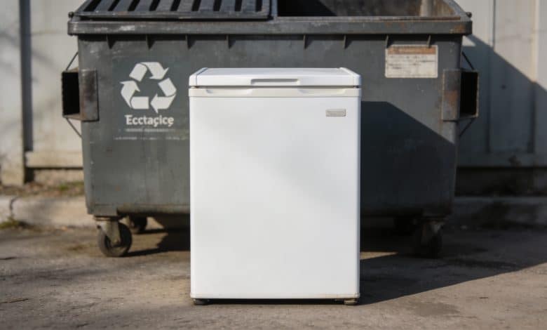 Congélateur blanc placé devant conteneur recyclage extérieur