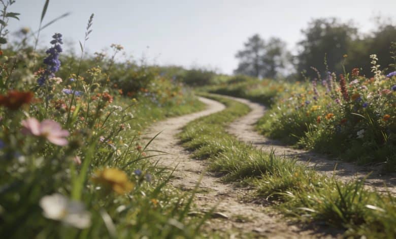 Sentier sinueux bordé de plantes herbacées colorées.