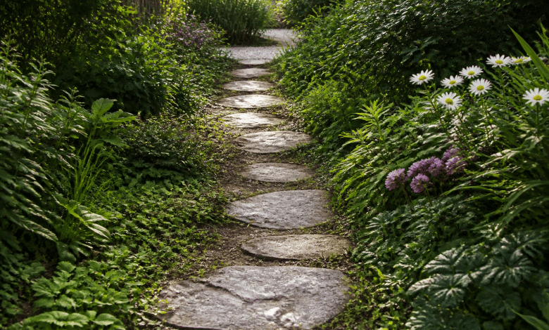 Allée de jardin bordée de pierres plates posées au sol