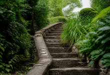 Escalier exterieur montant fortement dans jardin vert