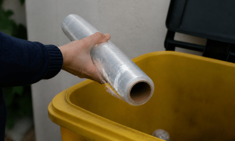 Main tenant un rouleau de film plastique au-dessus d'une poubelle jaune
