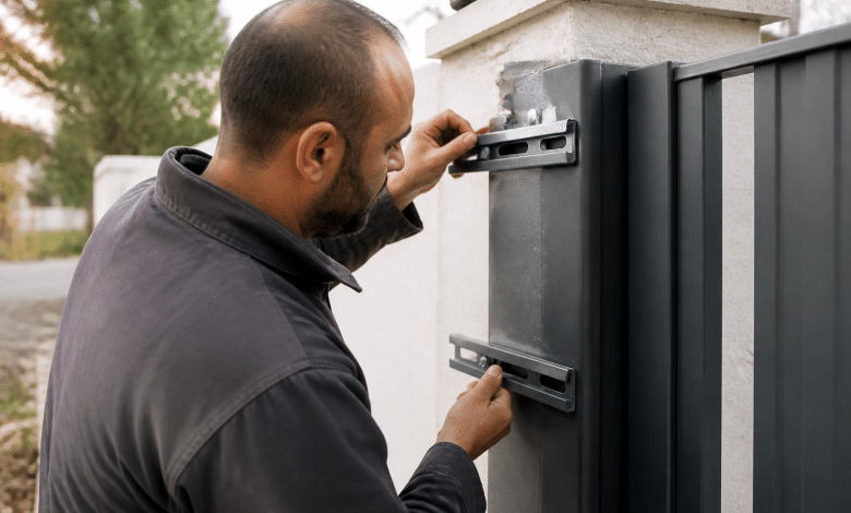 Homme installant rails metalliques sur poteau portail