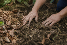Mains etalant feuilles mortes et branches broyees sur sol