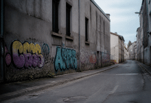 Rue déserte avec immeubles gris décorés de tags colorés