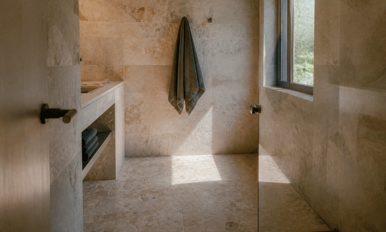 Salle de bain avec murs et sol en pierre naturelle
