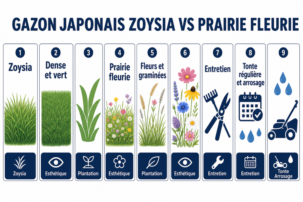 Gazon japonais zoysia vs prairie fleurie