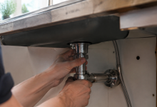 Mains serrant ecrou chrome sous plan travail evier