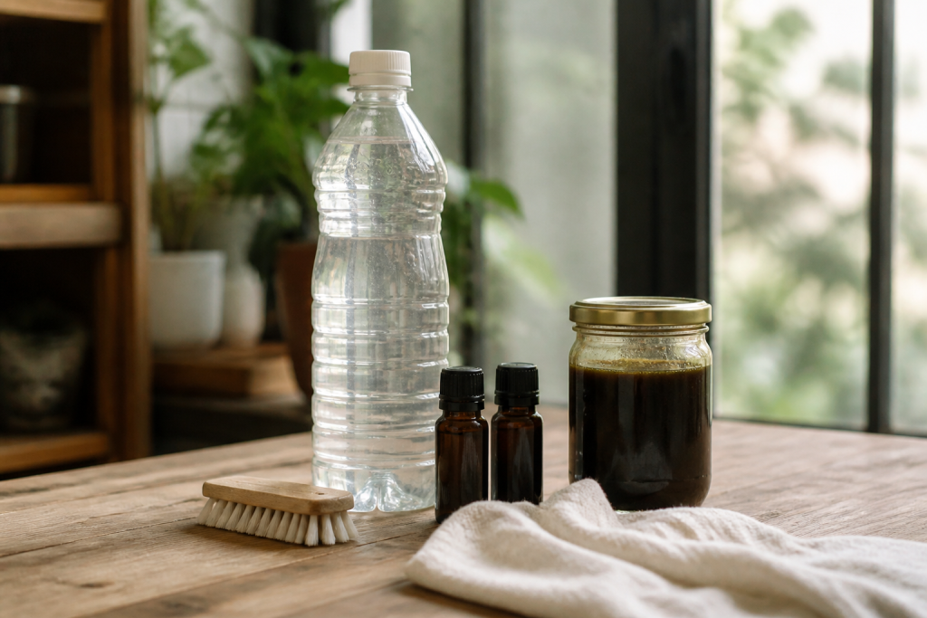Vinaigre blanc, huiles essentielles, savon noir nettoyant