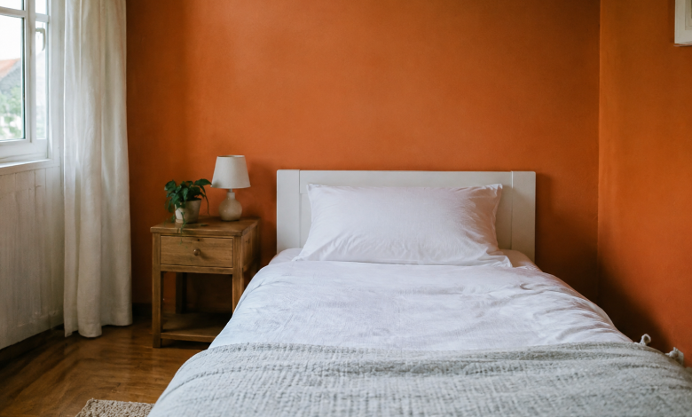 Peinture brique orangee encadrant lit blanc simple