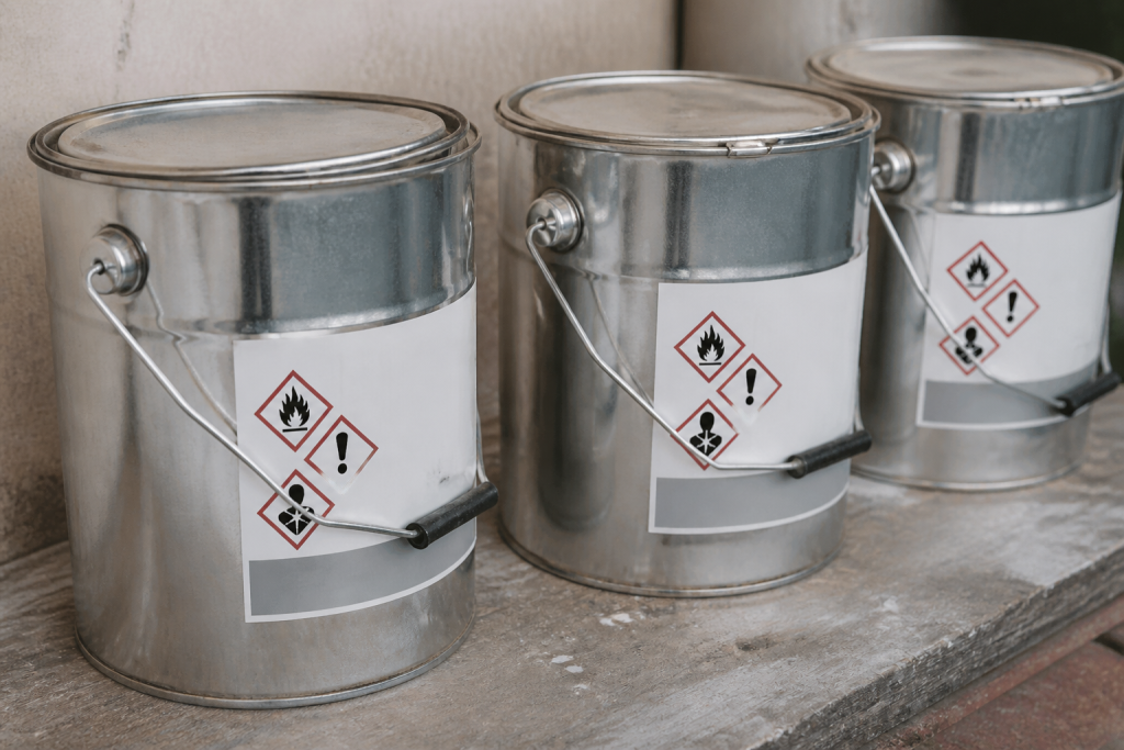 Pots de peinture glycéro fermés avec étiquettes chimiques