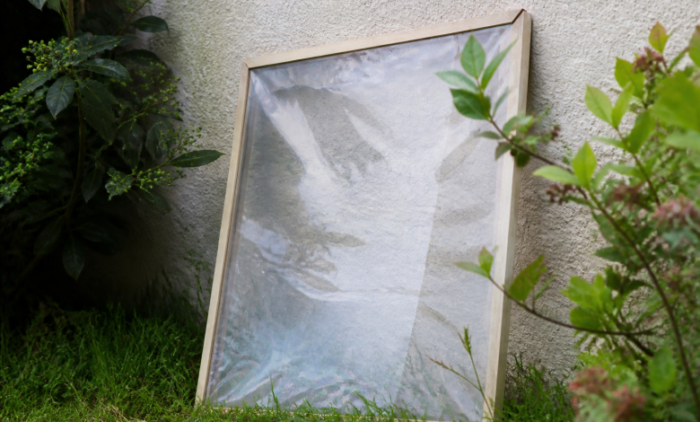 Cadre bois recouvert plastique transparent appuye contre mur jardin
