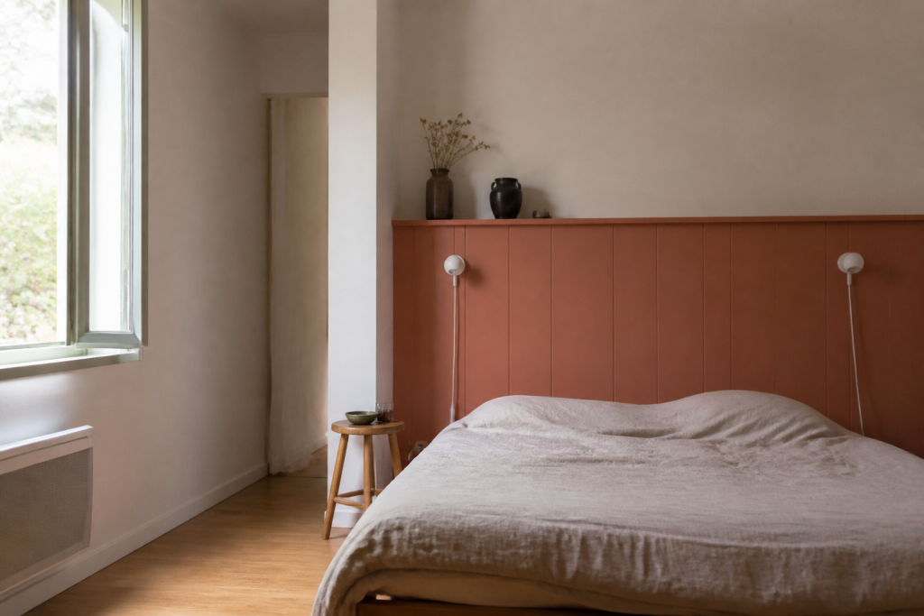 Lit panneaux arriere terracotta pale interieur reste murs blanc