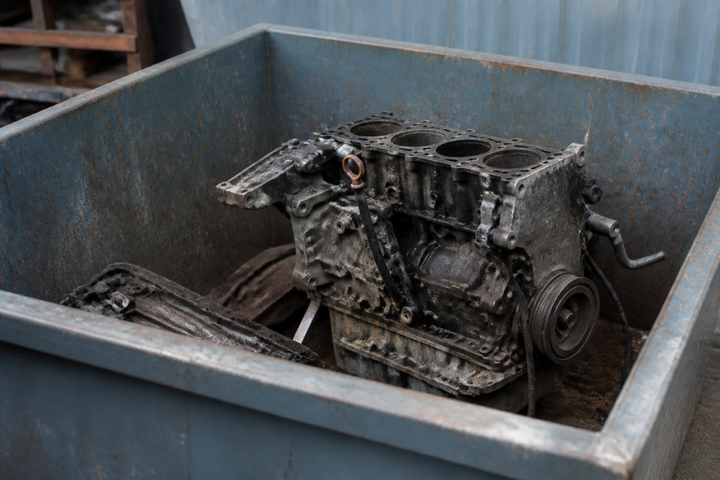 Bloc moteur depose dans bac de recyclage