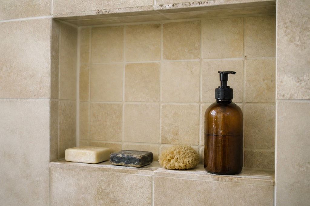 Niche murale carrelee accueillant savons et produits douche